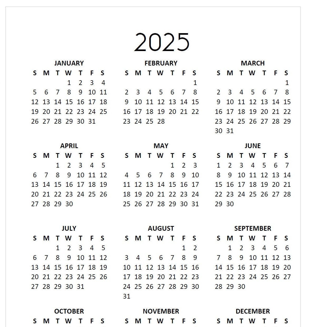 2025 Printable Minimalist Calendar, Year at a Glance, Available in 4