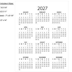 2027 12-månaders jan-dec minimalistiskt kalenderår i korthet: 4 storlekar (direkt nedladdning)