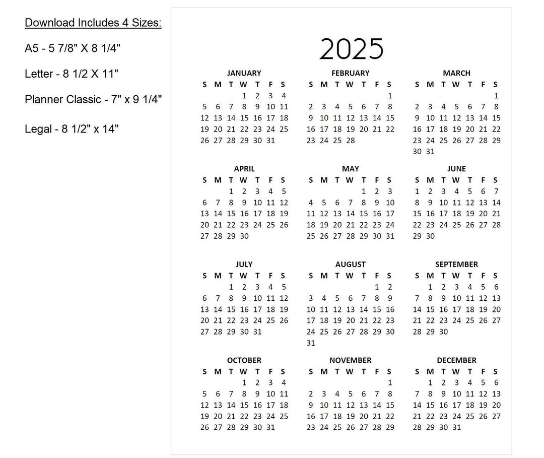 2025 Printable Minimalist Calendar, Year at a Glance, Available in 4 ...