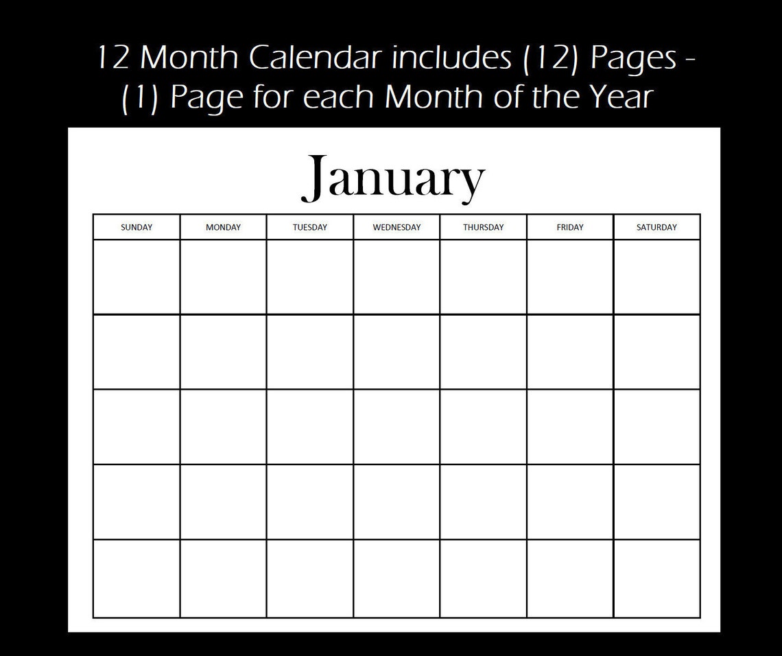 12 Month Blank Calendar, Standard Design, Digital Download, Instant ...
