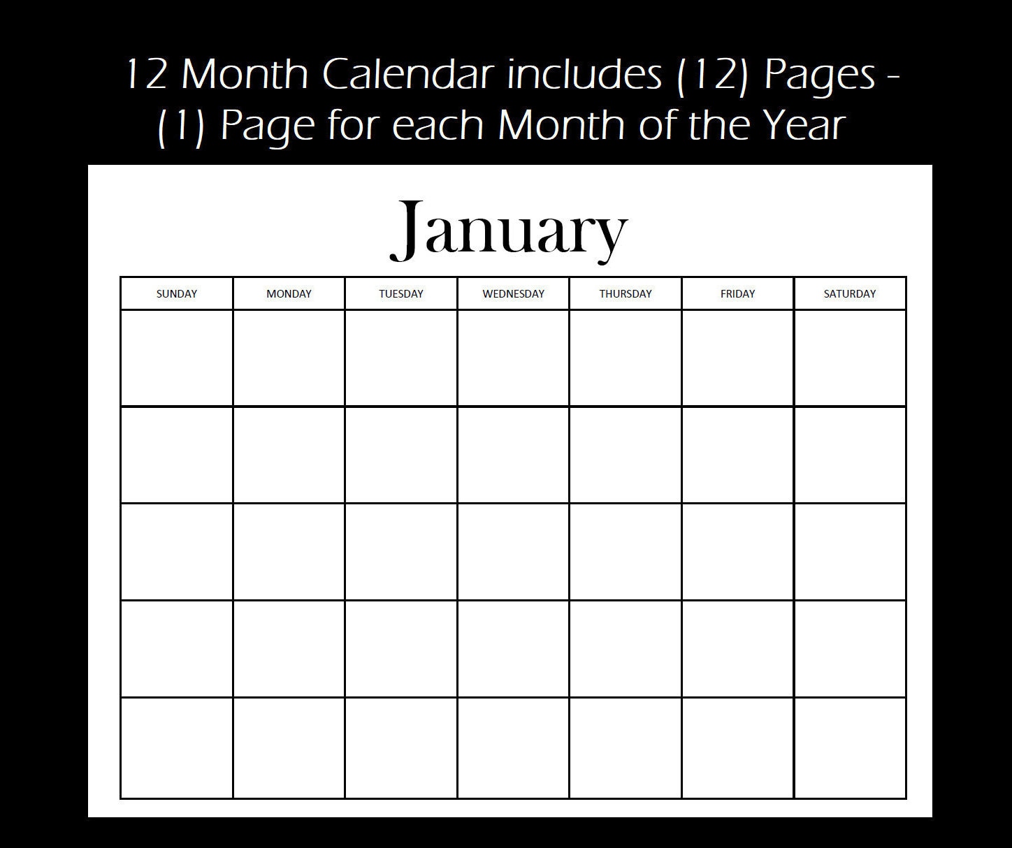 12 Month Blank Calendar, Standard Design, Digital Download, Instant ...