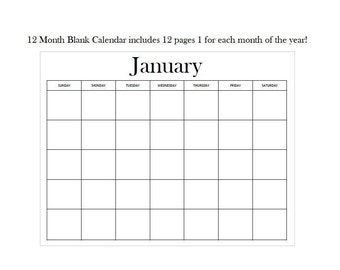 12 Month Blank Calendar, Standard Design, Digital Download, Instant Download, (12 pages) 11" x 8.5" Page, Landscape