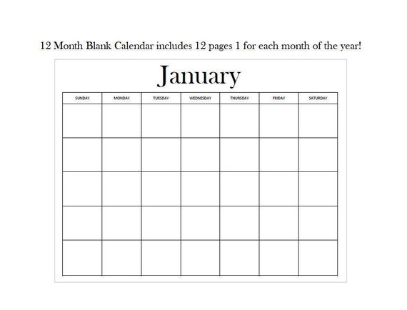 12 Month Blank Calendar Standard Design Digital Download - Etsy
