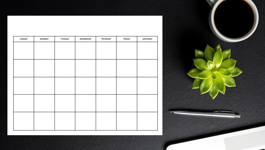 Sunday Start Printable Blank Monthly Calendar, Available in 4 Styles ...