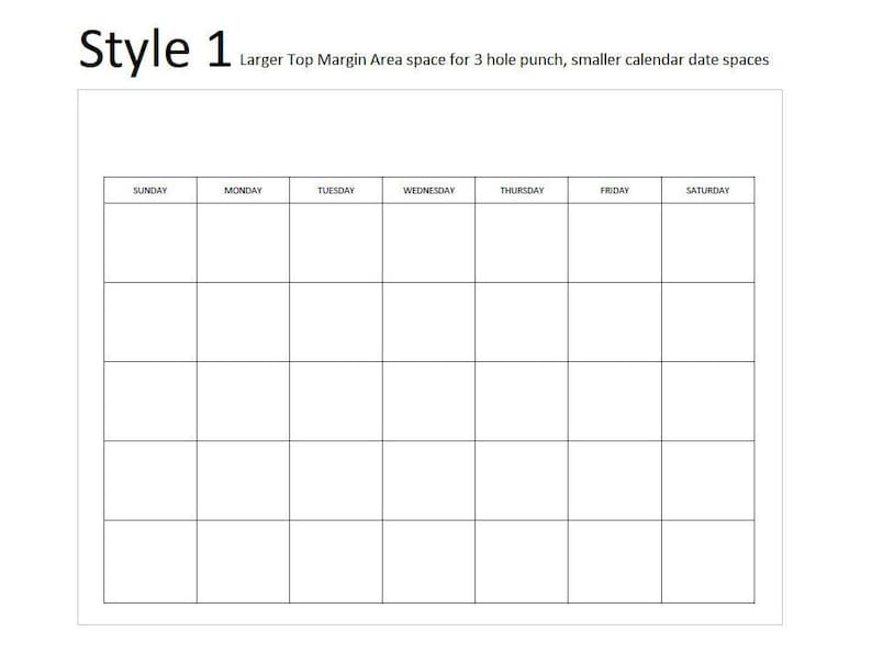 Sunday Start Printable Blank Monthly Calendar Available in 4 Etsy
