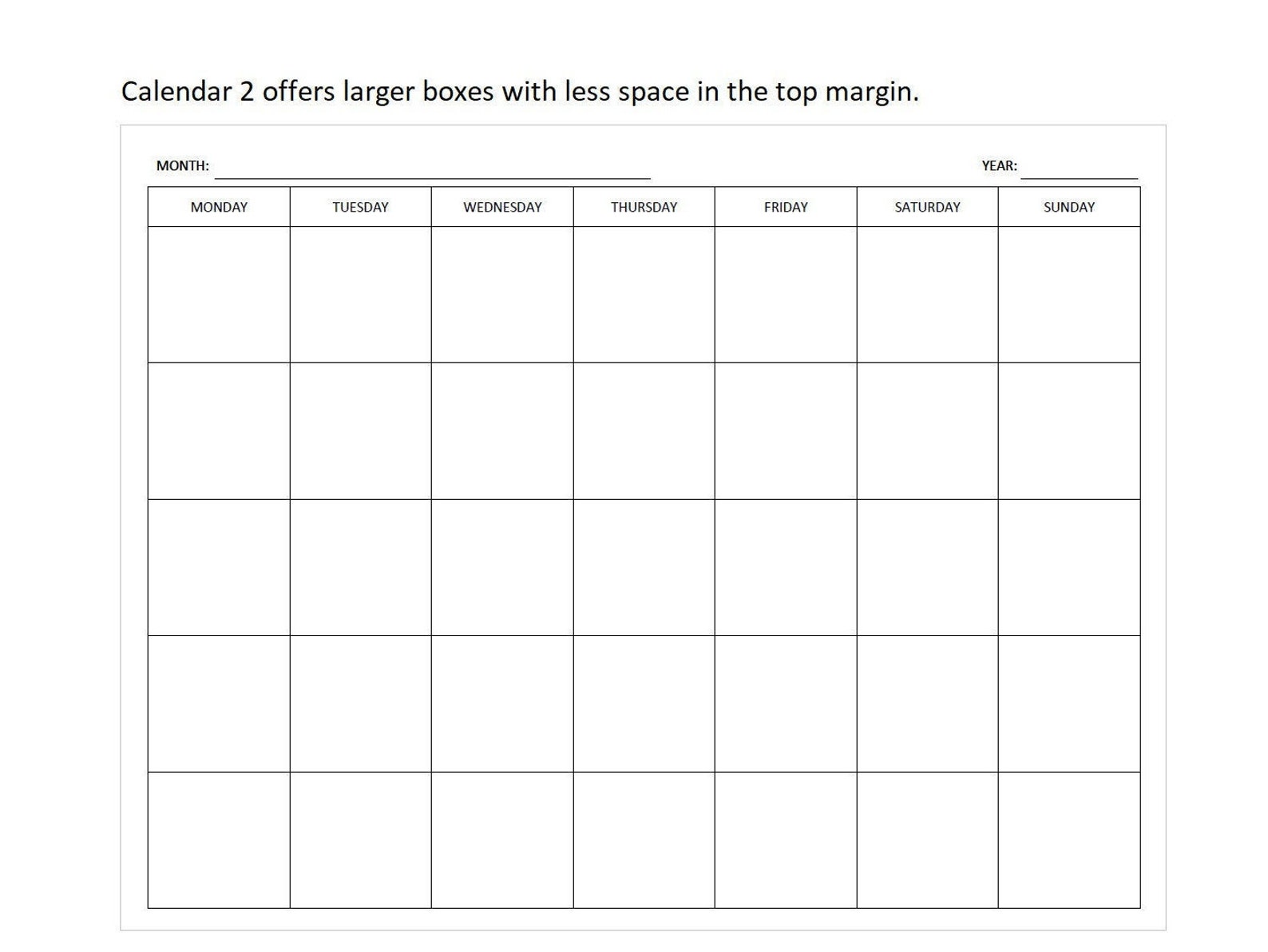 Monday Start Unlimited Prints Blank Monthly Calendar Includes 2 Styles ...