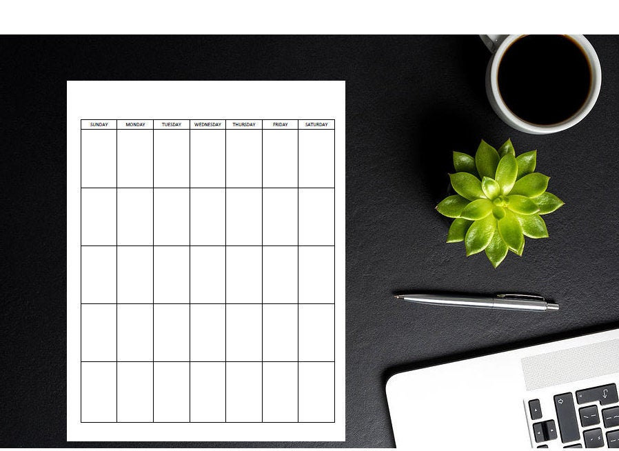 Portrait Sunday Start Printable Blank Monthly Calendar, Standard Design ...