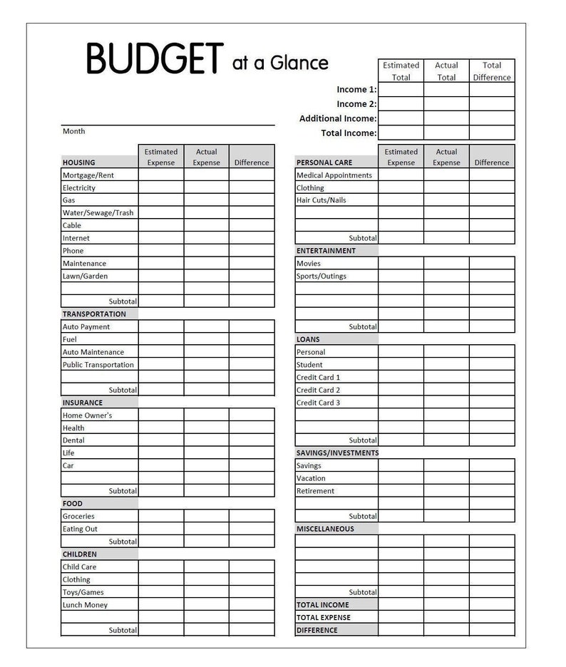 Minimalist Monthly Budget at a Glance Worksheet, 3 Sizes: Letter, A5 & Planner Classic, Multiple Incomes, Digital Download 