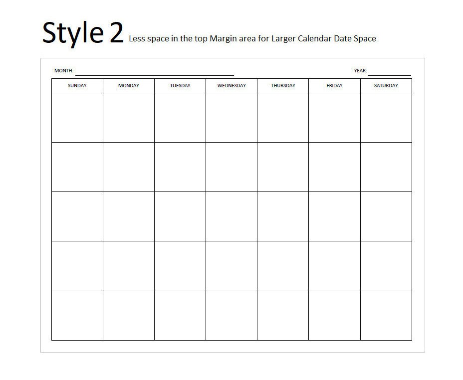 Sunday Start Printable Blank Monthly Calendar, Available in 4 Styles ...
