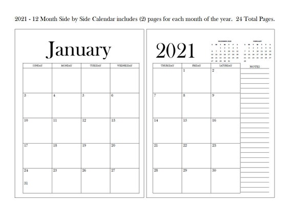 2021 12 Month Side by Side Calendar Includes 24 Total | Etsy