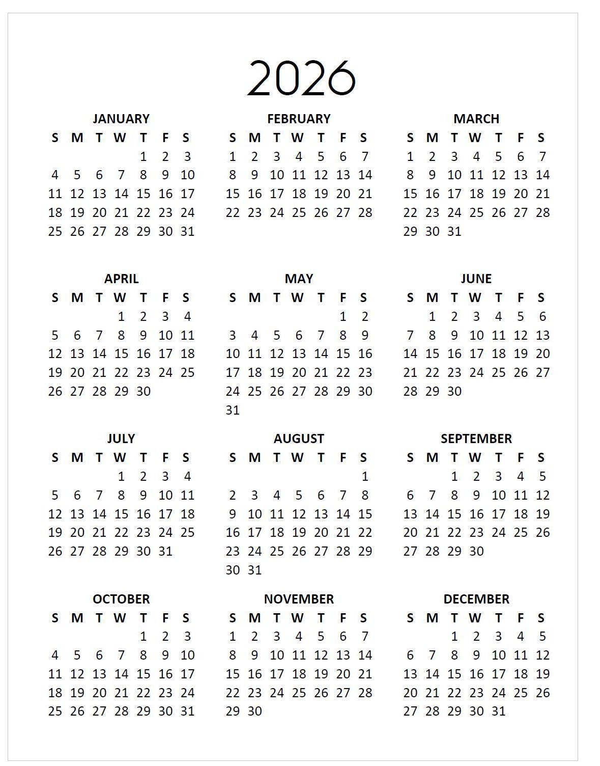 2026 Printable Minimalist Calendar Year at a Glance, Available in 4 Sizes A5, Planner Classic, Letter & Legal, Instant Download