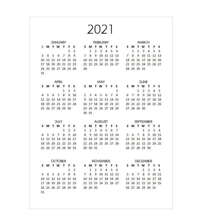 Printable 2021 Calendar Year at a Glance Vertical Standard ...