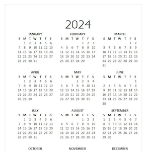 Calendario minimalista imprimible del año 2024 de un vistazo, disponible en 4 tamaños: A5, agenda clásica, carta y legal, descarga instantánea