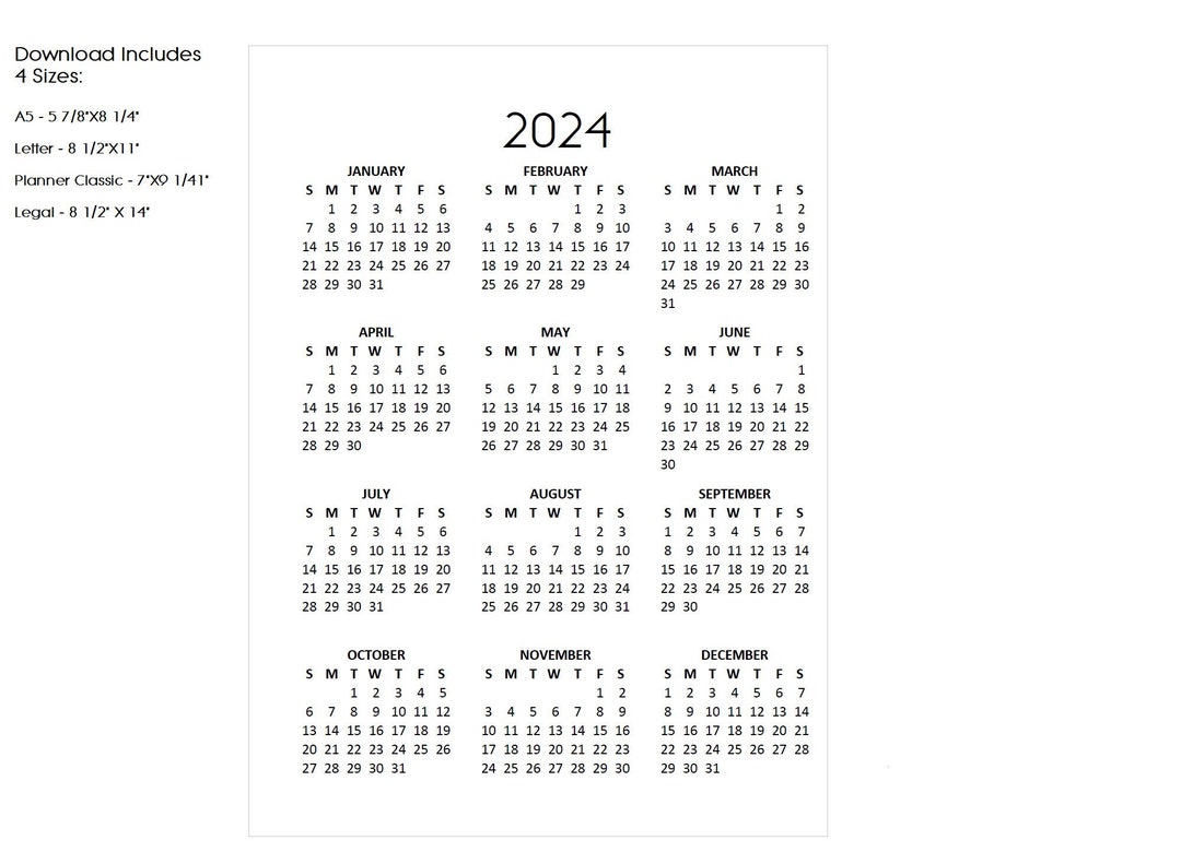 Printable Minimalist 2024 Calendar Year at a Glance Available - Etsy ...