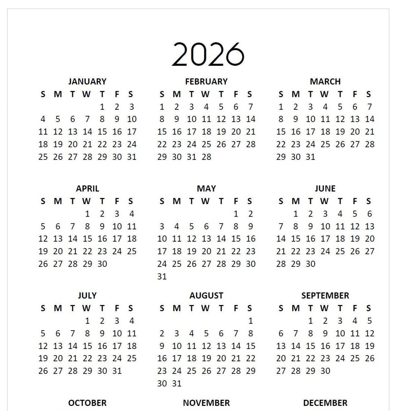 2026 Printable Minimalist Calendar Year at a Glance, Available in 4