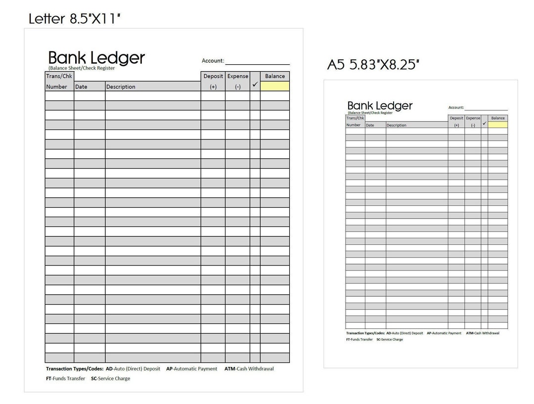 Printable Minimalist Bank Ledger, Check Register, Balance Sheet
