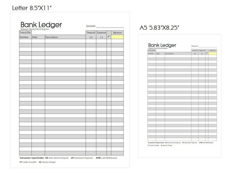 Printable Minimalist Bank Ledger, Check Register, Balance Sheet