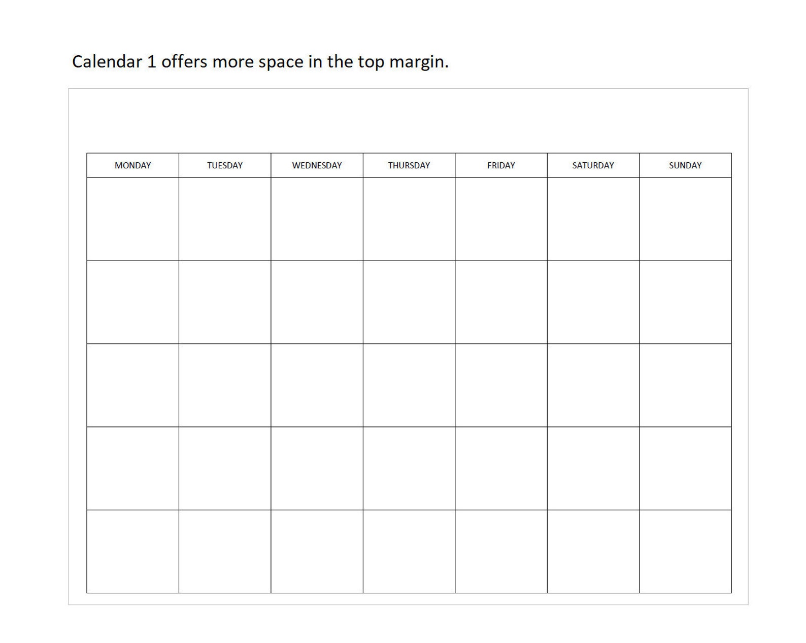 Monday Start Unlimited Prints Blank Monthly Calendar Includes 2 Styles ...