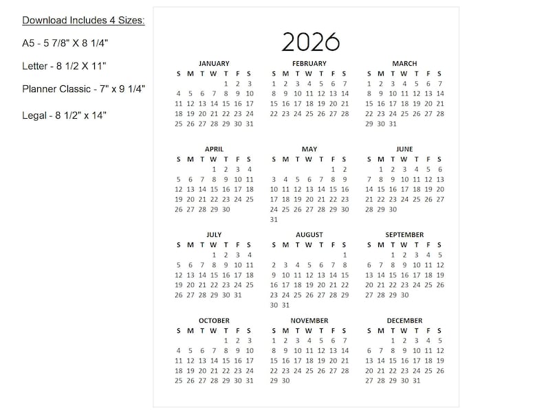 2026 12-month Jan-dec Minimalist Calendar: Year At-a-glance Printable