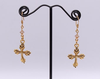 Antiqued Gold Plated Pewter Cross and Crystals Earrings