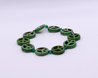 Green Peace Sign with Crystals Stretch Bracelet