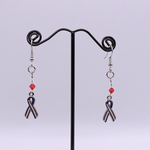 Patriotic Charm Awareness Ribbon, Antiqued Pewter Red, White, and Blue, with Swarovski Crystals  Earrings