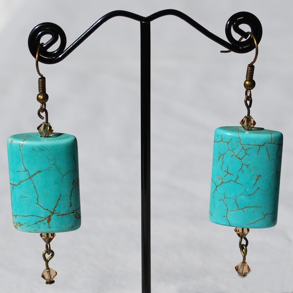 Teal Magnesite Rectangle and Light Topaz Swarovksi Crystals Earrings