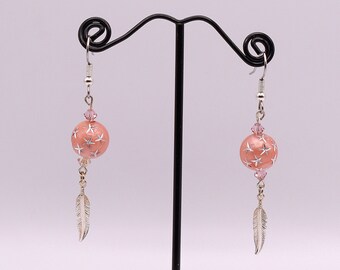 12mm Round Acrylic Peach/Pink with Stars and Crystals Earrings