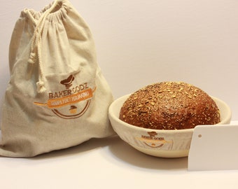Baker Godz Premium Banneton Bread Proofing Basket Set - Natural Linen Liner - Scraper - Natural Linen Bag for Artisan Sourdough Bread Making