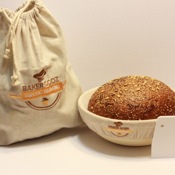 Baker Godz Premium Banneton Bread Proofing Basket Set - Natural Linen Liner - Scraper - Natural Linen Bag for Artisan Sourdough Bread Making