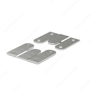 May include: A set of silver-colored metal furniture connector plates. Each plate has a rectangular shape with rounded corners and pre-drilled holes for screws. The plates are designed to connect furniture components.