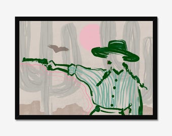 Impresión de arte occidental, ilustración de vaquera, paisaje desértico, decoración occidental moderna, impresión de arte de cactus, arte de pared del suroeste, decoración occidental bohemia