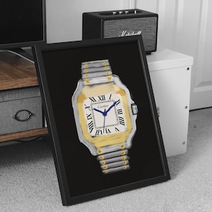 Cartier Santos Watch Poster | Artistic Paint Style Watch Print | Luxury Horology Gift for Collectors & Watch Enthusiasts