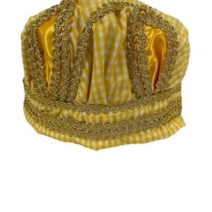 May include: A yellow and white gingham crown with gold trim. The crown is made of fabric and has a satin lining.