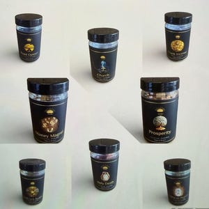 May include: A selection of glass jars with black lids and labels. Each jar has a distinct label design and text, such as "Road Opener," "Church," "Frank Incense," "Money Magnet," "Prosperity," "Good Luck Buddha," "Holy Death," and "African Power."