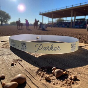 Pode incluir: Uma faixa de cabe&ccedil;a creme com o nome "Parker" em uma fonte em estilo de corda. A faixa de cabe&ccedil;a tamb&eacute;m apresenta o texto "Rodeo Western Show" e um gr&aacute;fico de ferradura. O fundo mostra uma arena de rodeio com cavaleiros a cavalo.