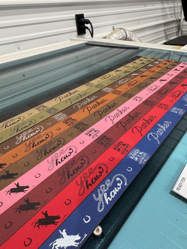 Pode incluir: Uma cole&ccedil;&atilde;o de cintos coloridos com as palavras "Yee Haw" e "Parker" impressas. Os cintos apresentam gr&aacute;ficos tem&aacute;ticos de rodeio, incluindo cowboys, ferraduras e desenhos de cordas. Os cintos s&atilde;o em v&aacute;rias cores, incluindo vermelho, azul e castanho.