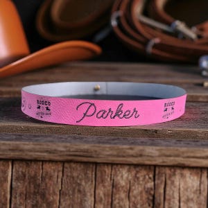 Pode incluir: Uma faixa de cabe&ccedil;a rosa em couro sint&eacute;tico com o nome "Parker" em escrita preta. A faixa de cabe&ccedil;a tem um logotipo "Rodeo Western Show" em cada lado. O fundo &eacute; uma superf&iacute;cie de madeira.