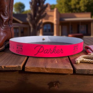 Pode incluir: Um cinto de couro rosa choque com o nome "Parker" em fonte cursiva. O cinto tem um interior branco e um fecho de press&atilde;o de metal. As palavras "Rodeo Western Show" est&atilde;o impressas no cinto.