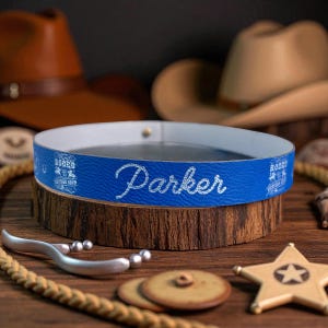 Pode incluir: Uma faixa azul com efeito de couro com o nome "Parker" em escrita branca. A faixa tem um interior branco e &eacute; exibida em uma base de madeira. As palavras "Rodeo Western Show" s&atilde;o impressas na faixa.