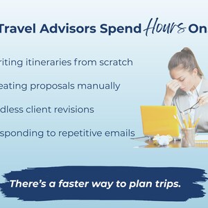 May include: Image promoting a travel planning service. Text reads "Travel Advisors Spend Hours On..." followed by a list of time-consuming tasks. A person is shown looking stressed at a desk with a laptop. The text "There's a faster way to plan trips" is also included.