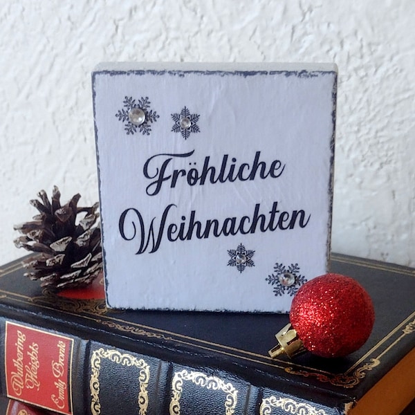 German Xmas Sign, Frohliche Weihnachten, Mini Plaque