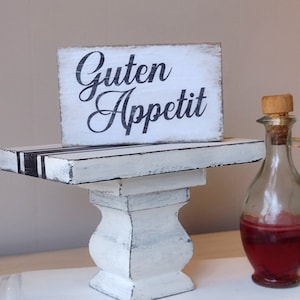 German sign, Guten Appetit, Enjoy your meal German quote, vintage oil & vinegar glass holders, wood riser painted white with french grain sack stripe