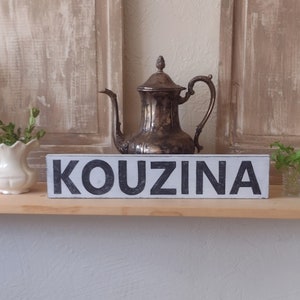 Greek Sign. Kouzina for Kitchen, Vintage Ironstone Creamer, Vintage Shutters, Vintage Teapot, Mint Kitchen Herbs