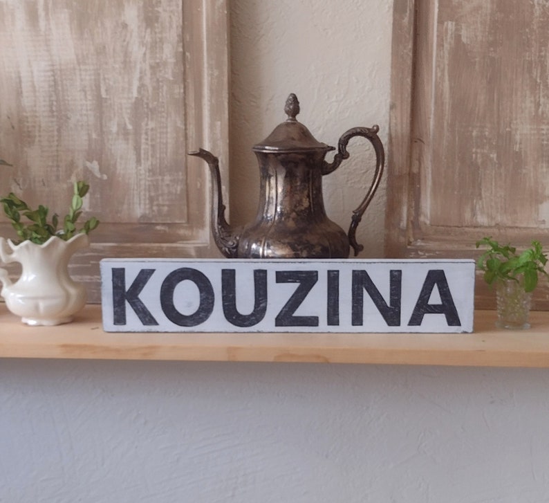 Greek Sign. Kouzina for Kitchen, Vintage Ironstone Creamer, Vintage Shutters, Vintage Teapot, Mint Kitchen Herbs