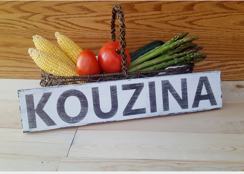 Greek Kitchen Sign. Kouzina. Wood painted white background with black lettering. Basket of Veggies