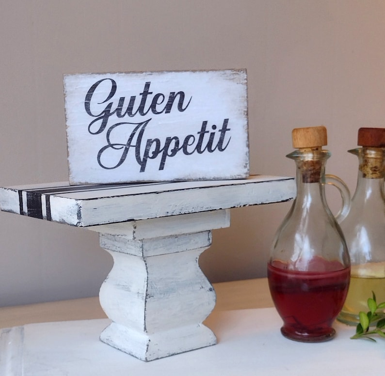 German sign, Guten Appetit, Enjoy your meal German quote, vintage oil & vinegar glass holders, wood riser painted white with french grain sack stripe
