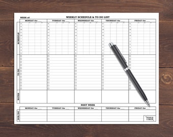 May include: A black and white weekly schedule and to-do list printable. The printable has sections for Monday through Friday, with space for scheduling and to-do lists. It also includes a section for the next week.
