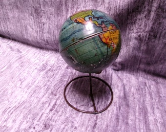 Vintage Miniature 5" tall 1940s  Metal World Globe
