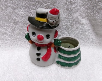 Vintage Enesco/Japan kitschy christmas porcelain snowman candleholder 4.5" tall
